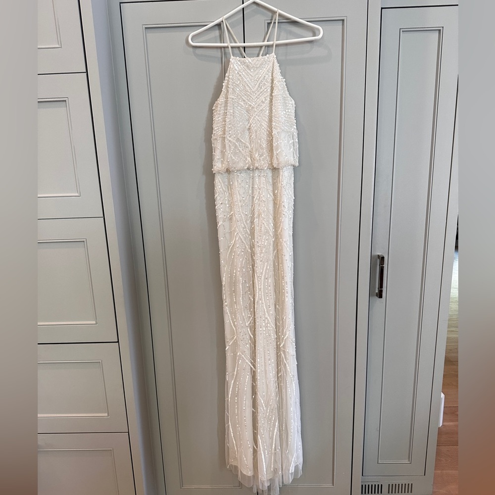 Adrianna Papell White Beaded Sequin Blouson Gown